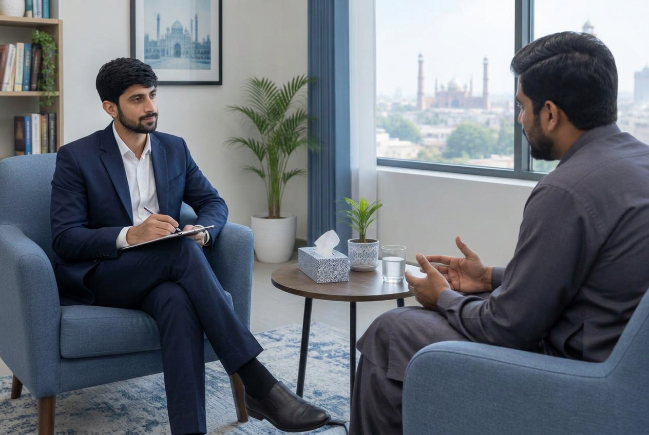 Illustrative in-person therapy conversation in a consultation room