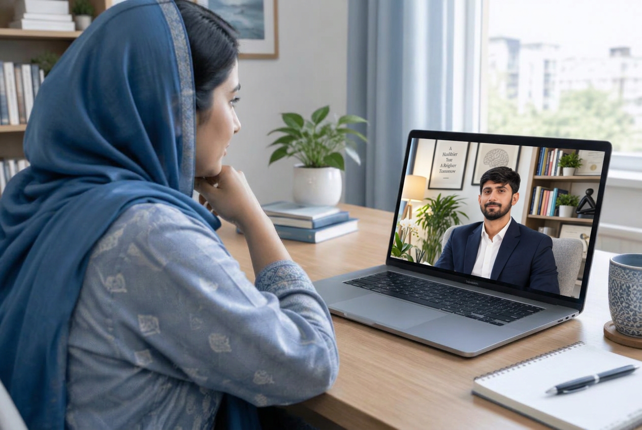 Illustrative online psychological consultation over a laptop video call